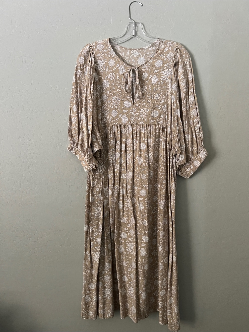 Beige Floral Maxi Dress with Tie Neck